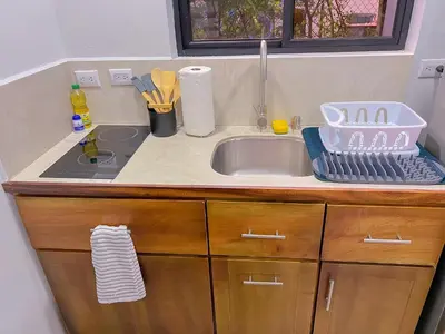a kitchen sink with a dish drying rack next to it at Monstera Apartments Monteverde in Monteverde Costa Rica