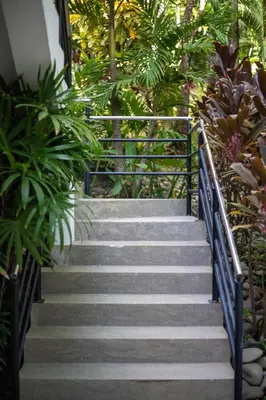 a set of stairs in a garden with plants at Four Winds Properties A Short Walk to the Beach in Nosara