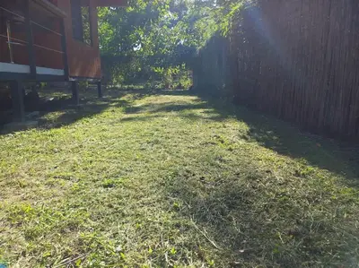 a grassy yard with a fence and a bench at Cabinas Guacamaya Cabuya - 2 cuartos in Cabuya