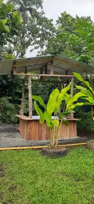 a wooden bench in a park with a plant in the grass at Angel Bee Lodge in Fortuna