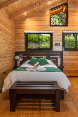 a bedroom with a large bed with two windows at Cabinas El Quetzal in San Gerardo de Dota