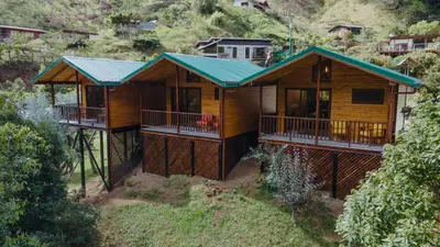 an aerial view of a house with a green roof at Cabinas El Quetzal in San Gerardo de Dota