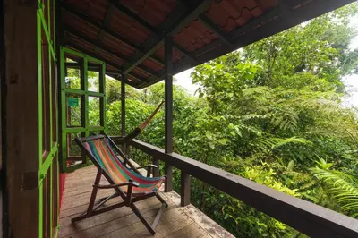 a hammock on the porch of a house at Yatama Rainforest Ecolodge in Sarapiquí