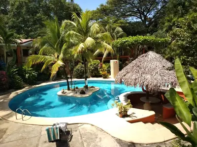 a swimming pool with palm trees in a resort at Condominio Coco Marindo #34 in Coco