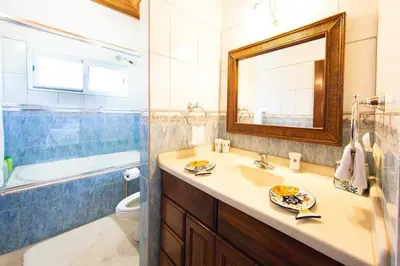 a bathroom with a sink and a toilet and a mirror at Luxury Villa, Infinity Pool & Ocean Views in Potrero