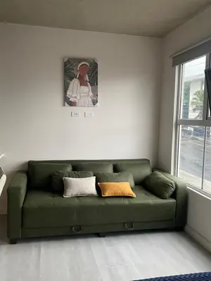 a green couch in a living room with a window at Hermoso y Acogedor Studio Sabana, San Jose in San José