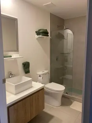 a bathroom with a sink and a toilet and a shower at Hermoso y Acogedor Studio Sabana, San Jose in San José