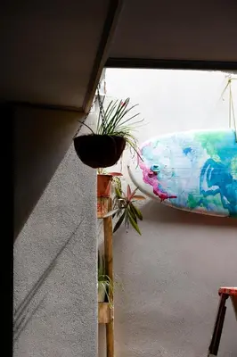 a surfboard hanging on a wall with a potted plant at The Cafecito Surfhouse - Santa Teresa in Santa Teresa Beach