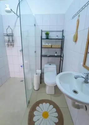 a bathroom with a shower and a toilet and a sink at The Cafecito Surfhouse - Santa Teresa in Santa Teresa Beach