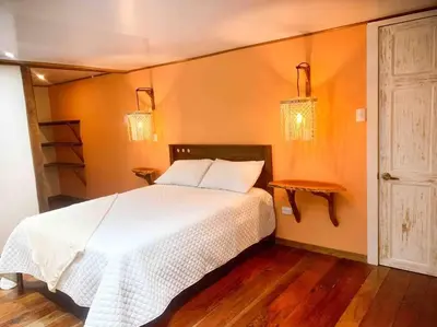 a bedroom with a large white bed and two lights at Private Villa with Pool near Manuel Antonio beach in Naranjito