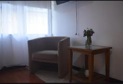 a room with a chair and a table with a vase of flowers at Acogedora y amplia habitación en La Tropicana in Alajuela City
