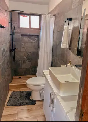 a bathroom with a toilet and a sink at Renovated apartment in Las Palmas in Coco