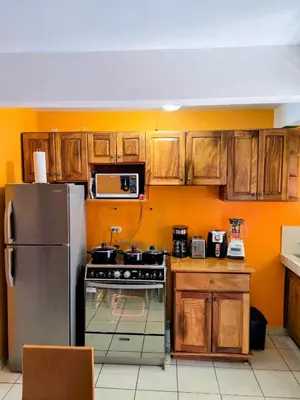 a kitchen with wooden cabinets and a stainless steel refrigerator at Renovated apartment in Las Palmas in Coco