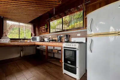 a kitchen with a stove and a refrigerator at Cabaña Vistas Paraíso in Turrialba