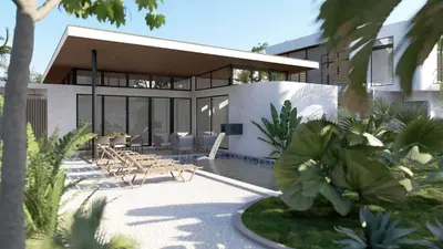 a house with a swimming pool in front of it at Soleil Samara in Sámara