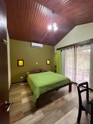 a bedroom with a green bed with a wooden ceiling at Hotel Brisas del Rio Guápiles in Jiménez