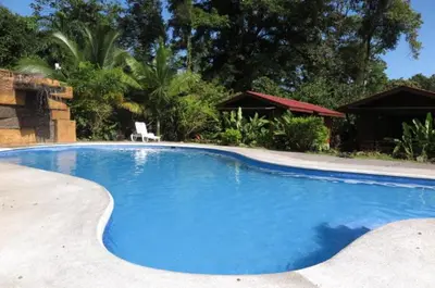 a large blue swimming pool with a chair in a yard at Hotel Brisas del Rio Guápiles in Jiménez