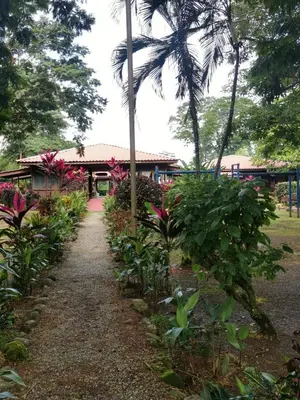 a garden with a building in the background at Hotel Canto de Ballenas in Uvita