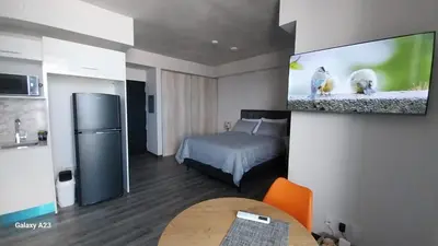 a bedroom with a bed and a tv on a wall at Studio en piso 29 Secrt Sabana in San José