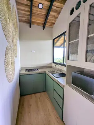 a kitchen with green cabinets and a sink at Serene Hills in Fortuna