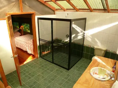 a bathroom with a shower and a sink in a room at Rafiki Safari Lodge in Savegre