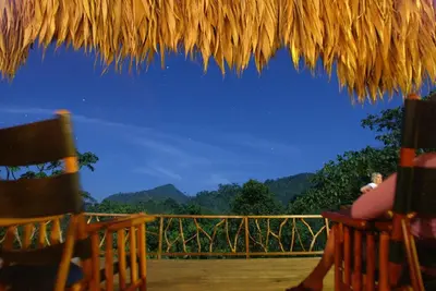 a straw hut with a view of the mountains at Rafiki Safari Lodge in Savegre