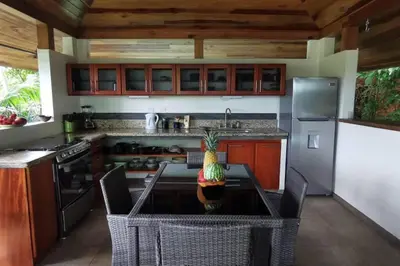 a kitchen with a table with a pineapple on it at Casita Morpho, high speed wifi in Uvita