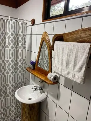 a bathroom with a sink and a mirror at Cabina vista al valle Monteverde in Monteverde Costa Rica