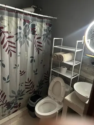a bathroom with a toilet and a shower curtain at Pura Vida CRC - NO PARKING in Santiago Este