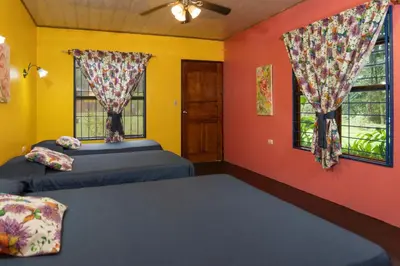 two beds in a room with two windows at Gran Gavilán del Sarapiquí Lodge in Sarapiquí