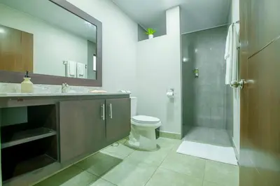 a bathroom with a shower and a toilet and a sink at Villa Margarita - Families Getaway in La Fortuna in Fortuna