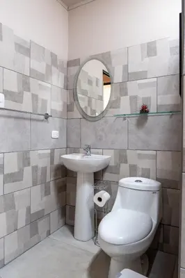 a bathroom with a toilet and a sink and a mirror at Villa Paz in San José
