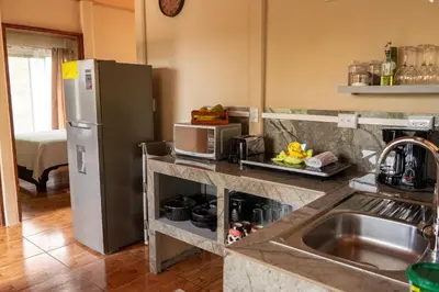 a kitchen with a stainless steel refrigerator and a sink at Cabaña Timarama in Fortuna