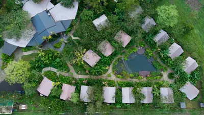 an overhead view of a park with a pond at Tocu Tent Camp in Caño Negro