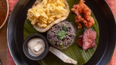 a plate of food with rice and beans and other foods at Tocu Tent Camp in Caño Negro