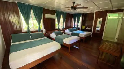 a bedroom with two beds and a ceiling fan at Valverde Glamping & Ecolodge in Tortuguero