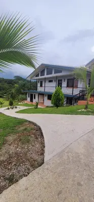 a large white building with a palm tree in front of it at La Piedra in Alajuela City