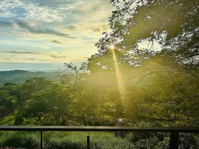 a view of the sun shining through the trees at Cabaña con piscina y vista al mar in Puntarenas