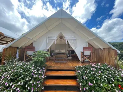 a yurt with a wooden floor and some flowers at Monteverde Alas Glamping in Monteverde Costa Rica