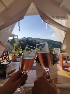 two people are holding up glasses of wine at Monteverde Alas Glamping in Monteverde Costa Rica