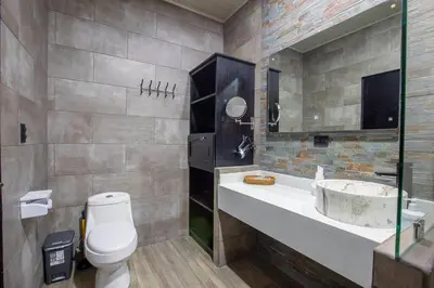 a bathroom with a sink and a toilet and a sink at Villa Graceland - Arenal Volcano View in Fortuna