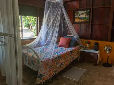 a bedroom with a bed with a mosquito net at Hacienda el Paraíso in Guápiles