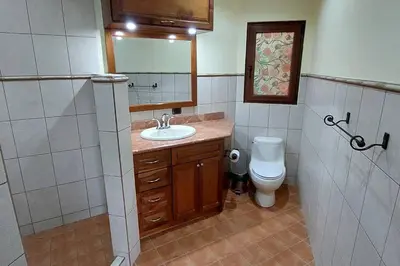 a bathroom with a sink and a toilet at Beautiful 3BR Lakeshore House in Gated Community in Tilarán