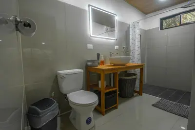 a bathroom with a white toilet and a sink at Pizote Apartment Monteverde 2nd floor in Monteverde Costa Rica