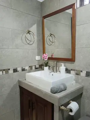 a bathroom with a sink and a mirror at Arenal Dreams House in Fortuna