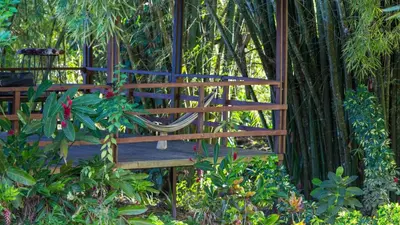 a wooden gate with a swing in a garden at Bamboo River Lodge in Horquetas