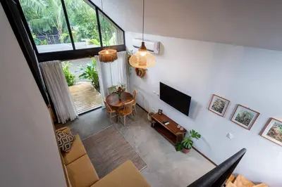 an overhead view of a living room with a table at Casa Mariola the blissful studio in Mal País
