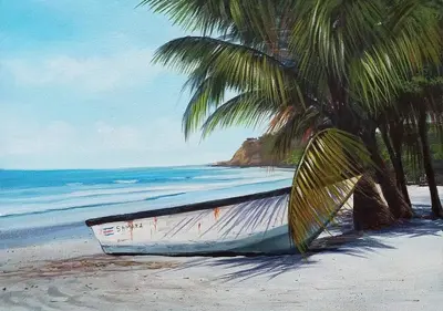 a painting of a boat on a beach with palm trees at Casa BEA 1 in Sámara