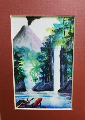 a picture of a painting of a river with a bird at La Casa Amarilla in Fortuna