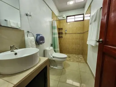 a bathroom with a sink and a toilet and a shower at La Casa Amarilla in Fortuna